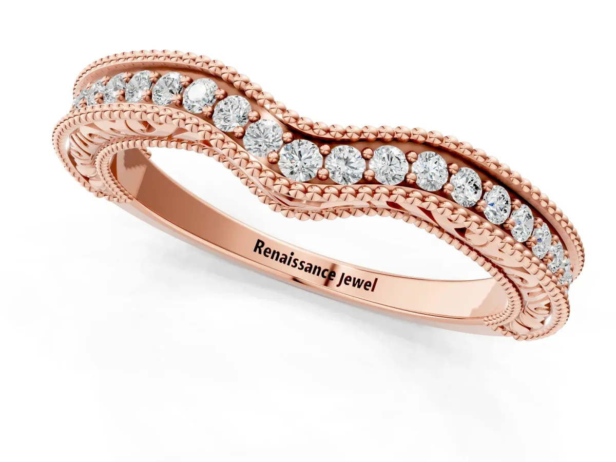 Pave Round Diamond Curved Milgrain Band Rose gold