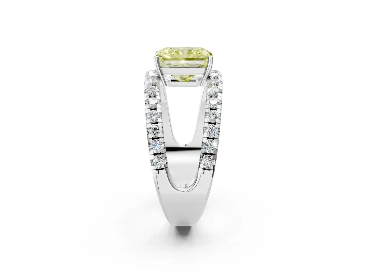 Fancy Yellow Radiant Cut Solitaire Split Shank Pave Diamond Ring Platinum
