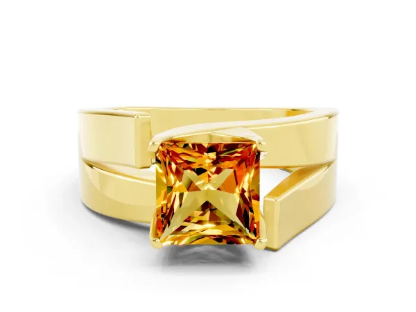 Modern Tension Set Princess Cut Citrine Solitaire Wide Band Ring Yellow gold