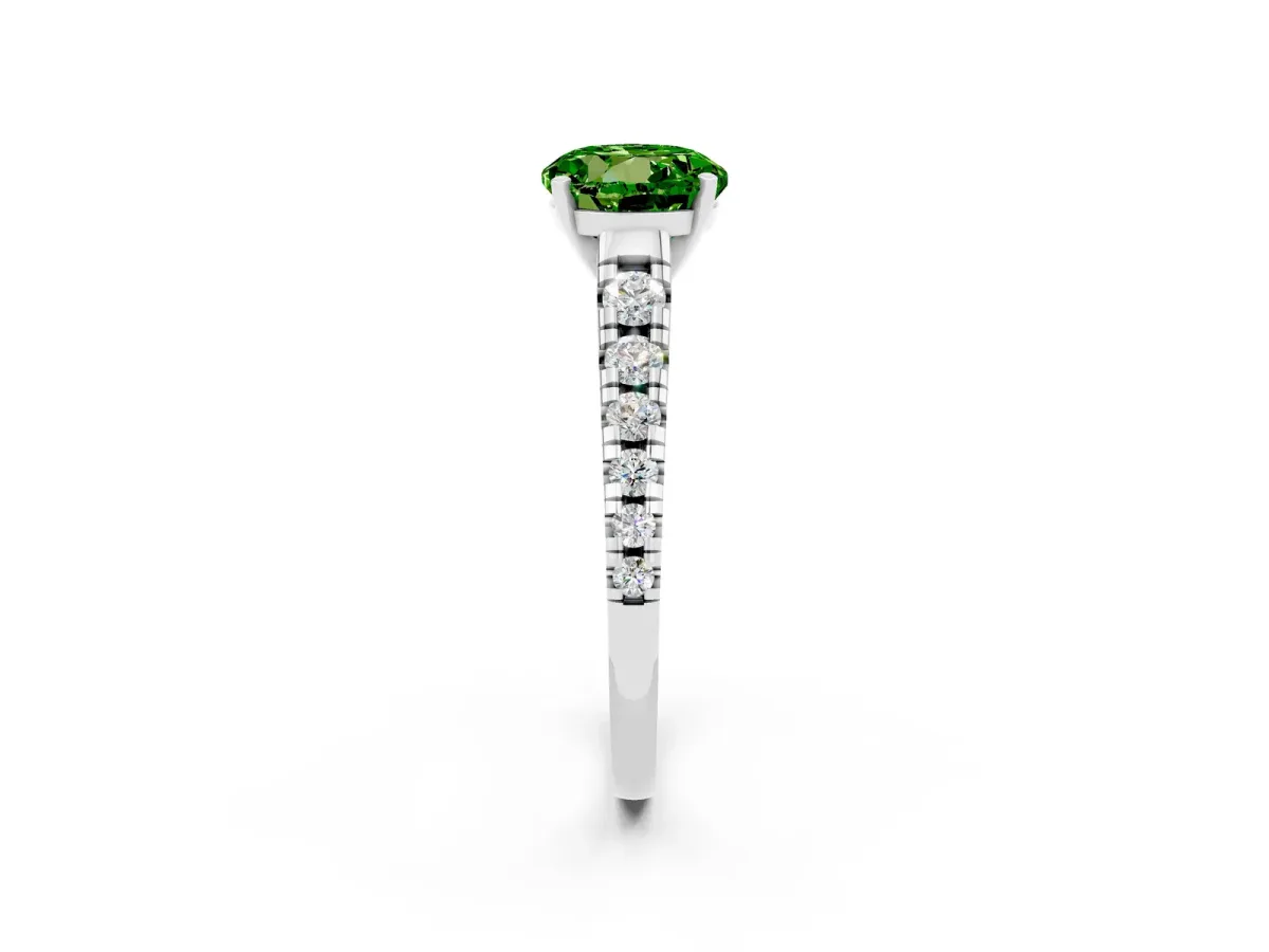 Round Cut Peridot Cathedral Solitaire Ring with Round Pavé Band Silver