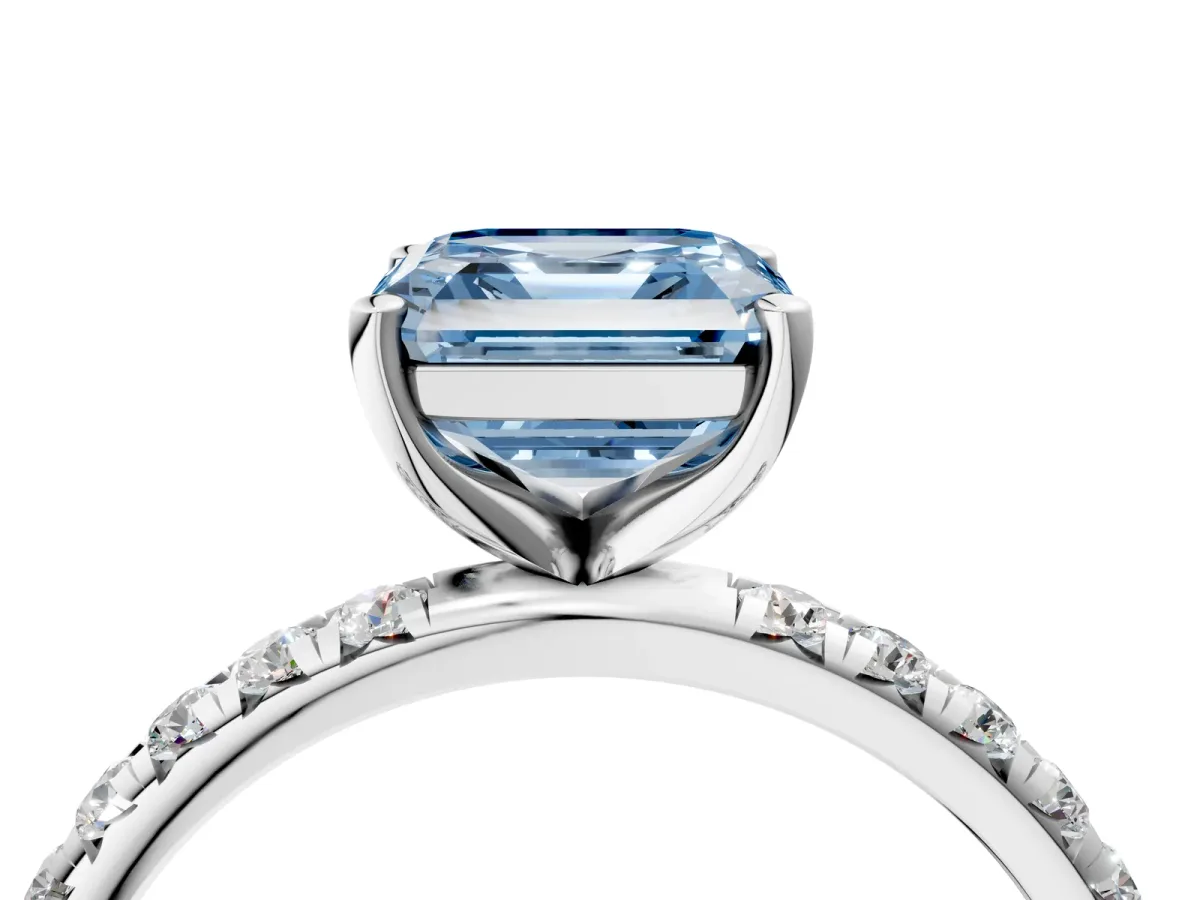 Fancy Blue Asscher Cut Cut Diamond Solitaire Ring with Micro Pave Band and Four Prong Setting Platinum