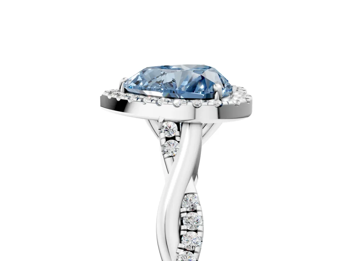Fancy Blue Heart Cut Halo Twist Band Solitaire Ring Platinum