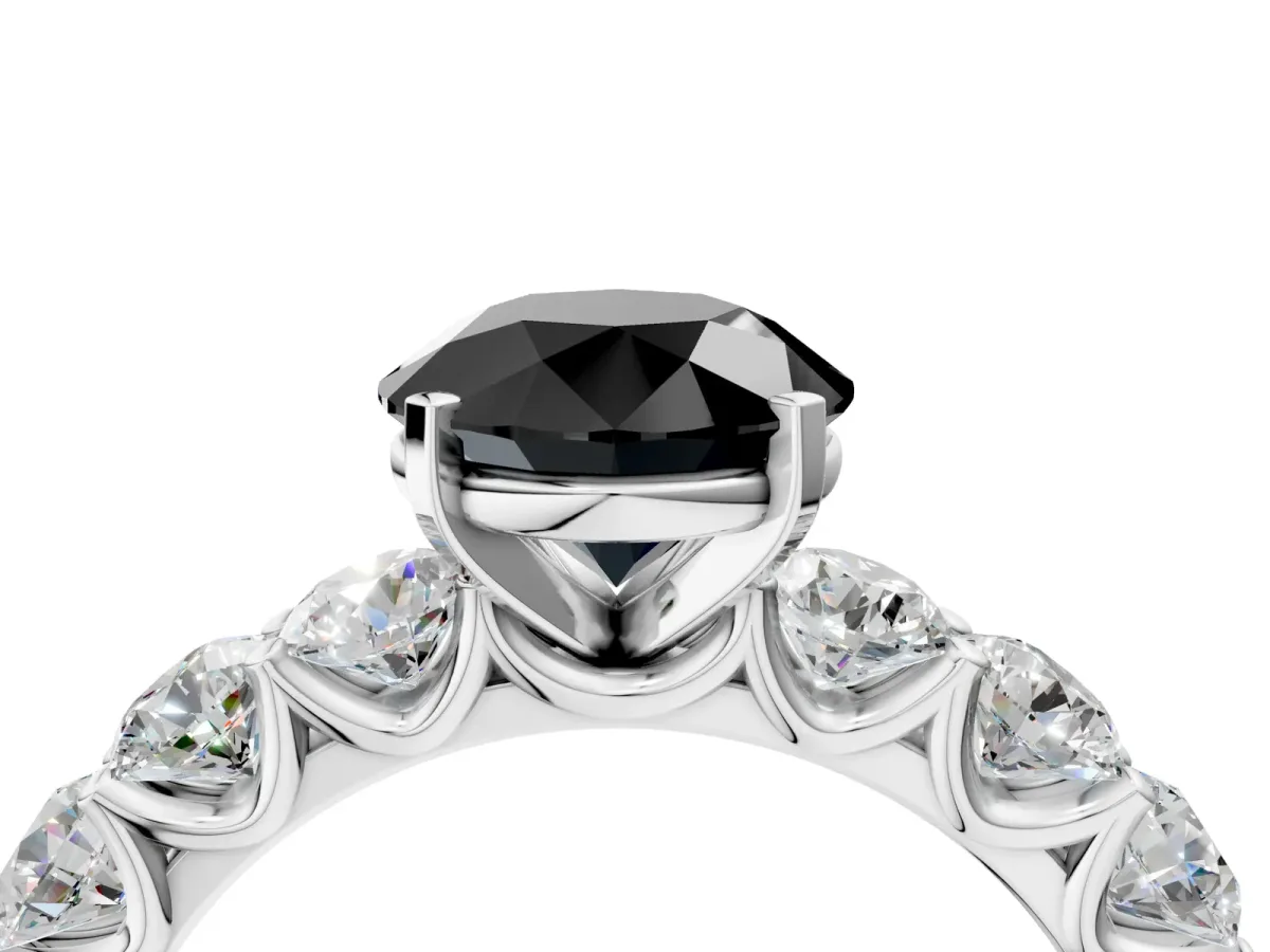 Fancy Black Round Cut Diamond Prong Setting with Side Stones on a Pave Band Silver