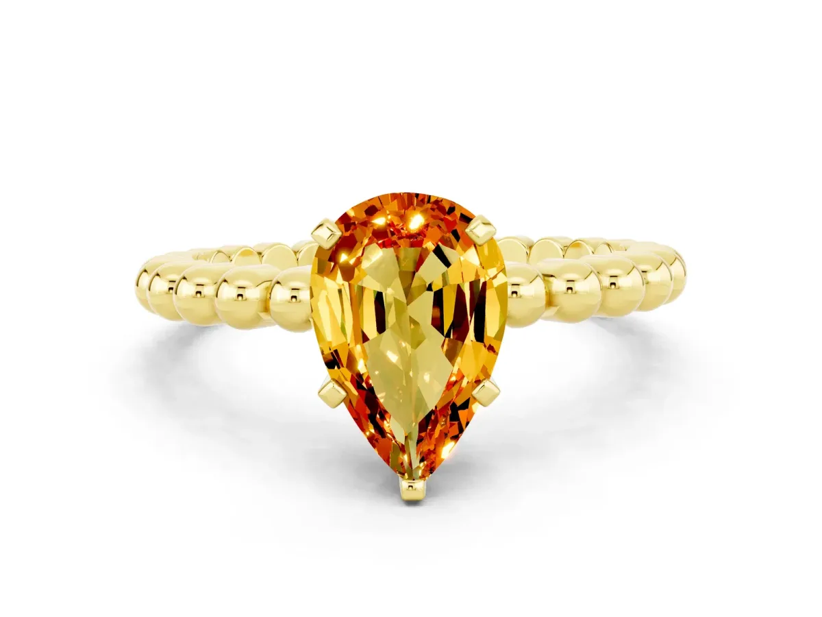 Pear Cut Citrine Solitaire Ring with Beaded Band and Prong Setting Yellow gold