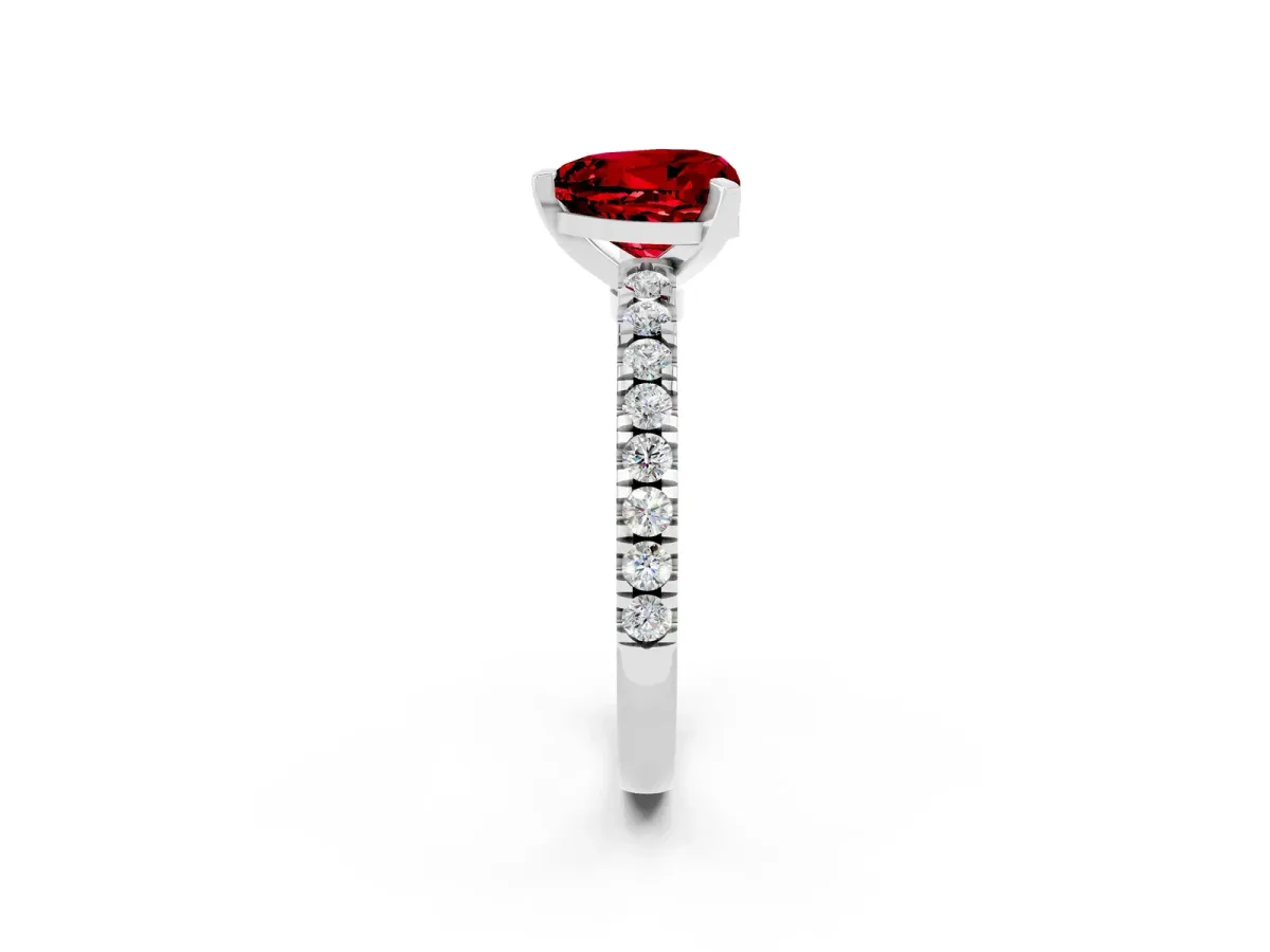 Heart Cut Solitaire Ruby with Pavé Band and Four-Prong Setting Silver