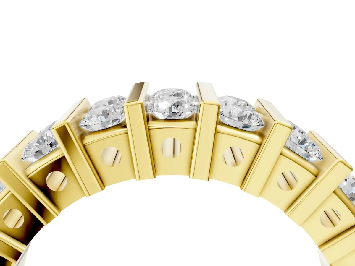 Channel Set Round Diamond Step Band with Bar Prong Setting Yellow gold