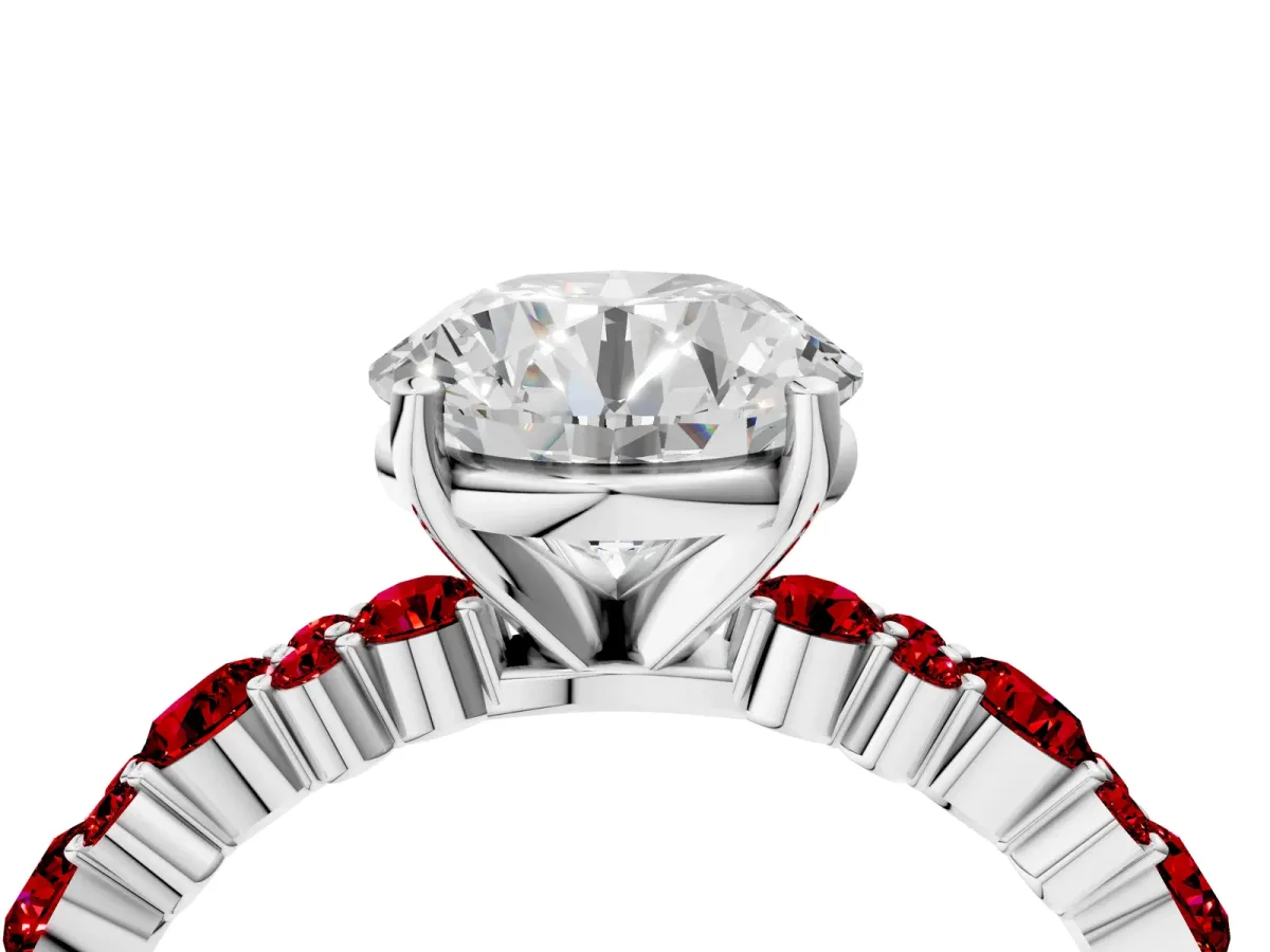 Round Cut Diamond Side Stone Solitaire Ring with Round Ruby and Four-Prong Setting Platinum
