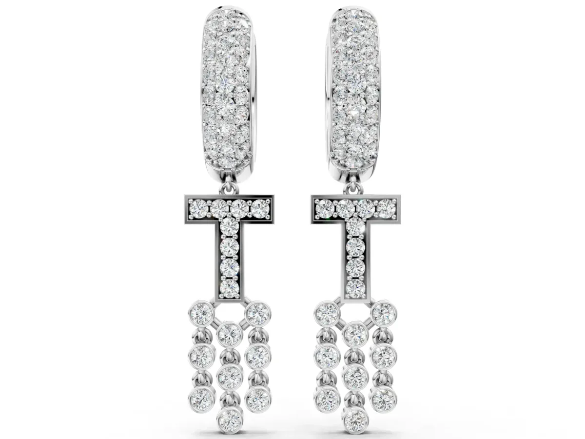 Round Diamond Initial T Huggie Hoop Earrings Silver