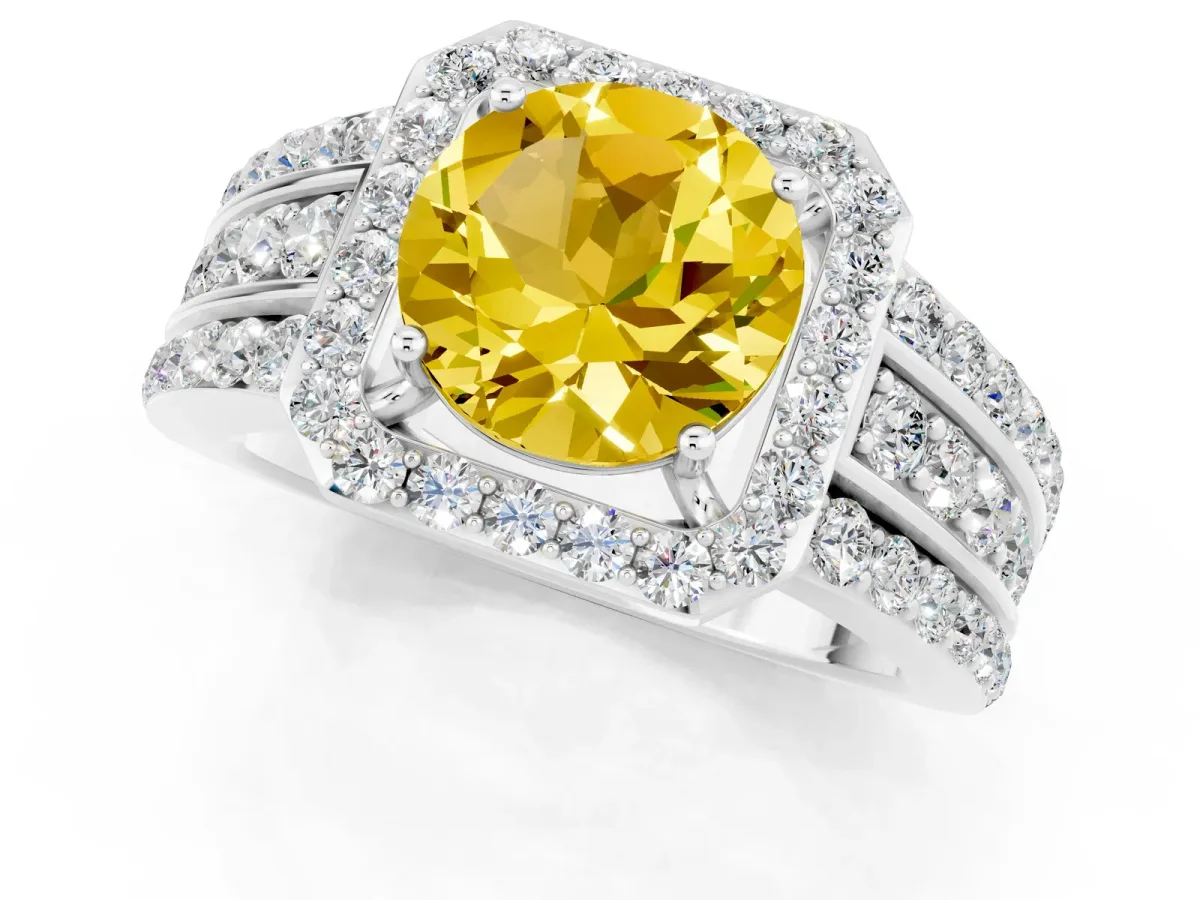Round Cut Halo Yellow Sapphire Ring with Round Split Shank and Prong Setting Silver
