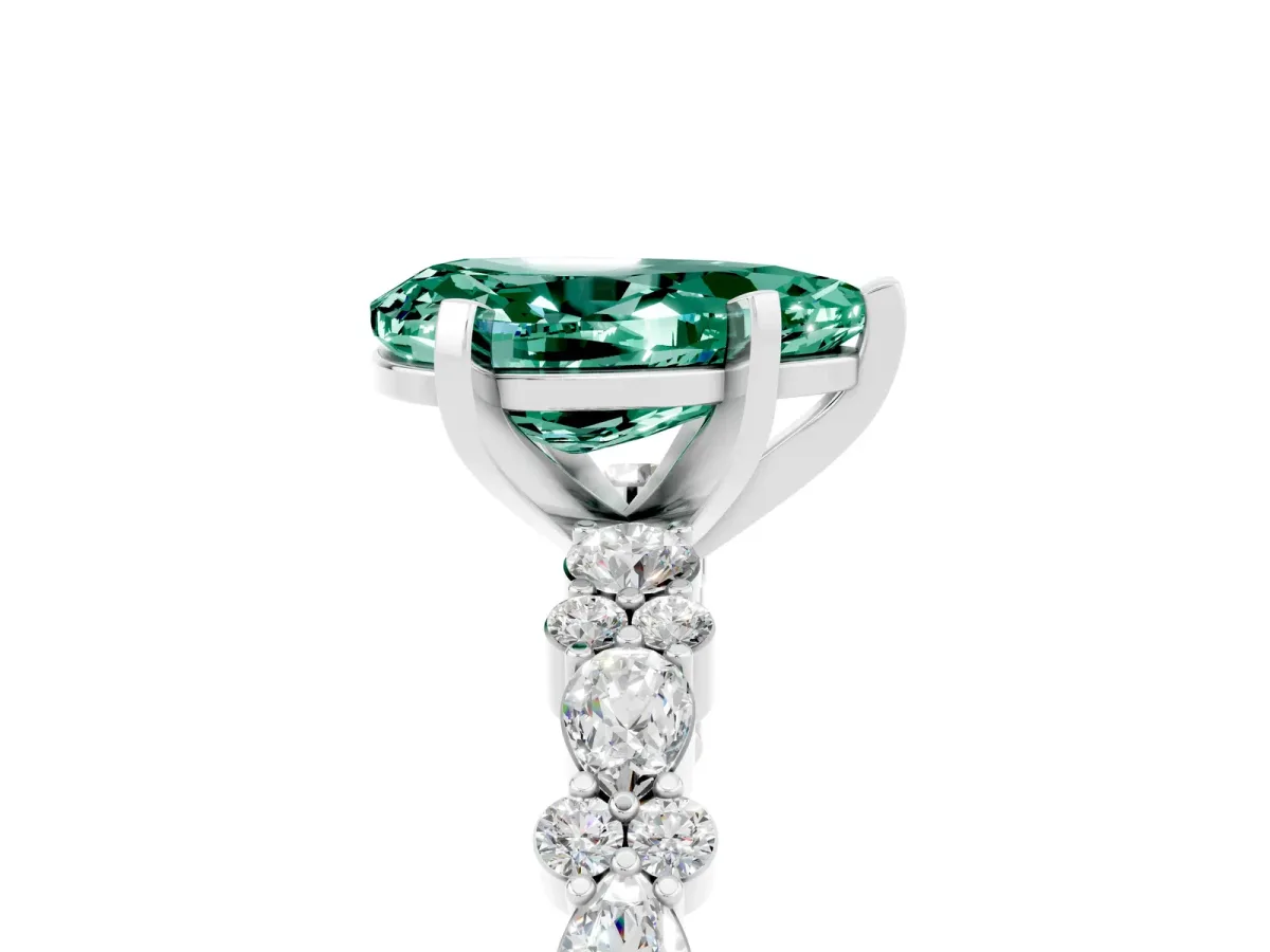 Pear Cut Green Sapphire Side Stone Solitaire Ring with Round and Four-Prong Setting Platinum