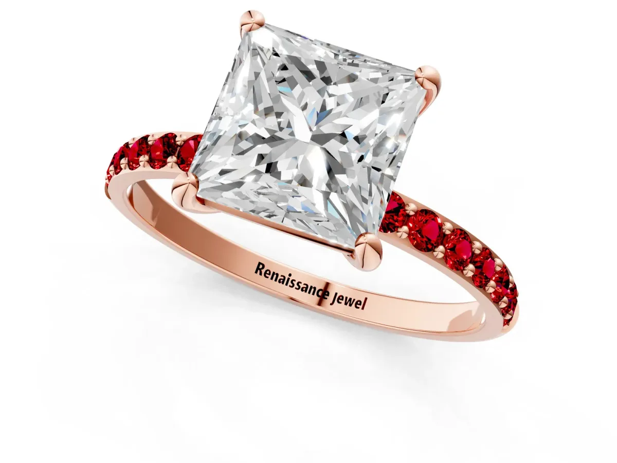 Princess Cut Diamond Solitaire Ring with Round Ruby Pavé Band and Prong Setting Rose gold