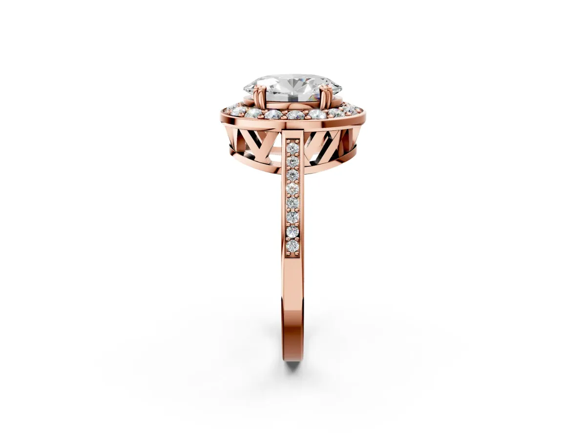 Oval Cut Diamond Halo Ring with Split Shank and Four-Prong Setting Rose gold