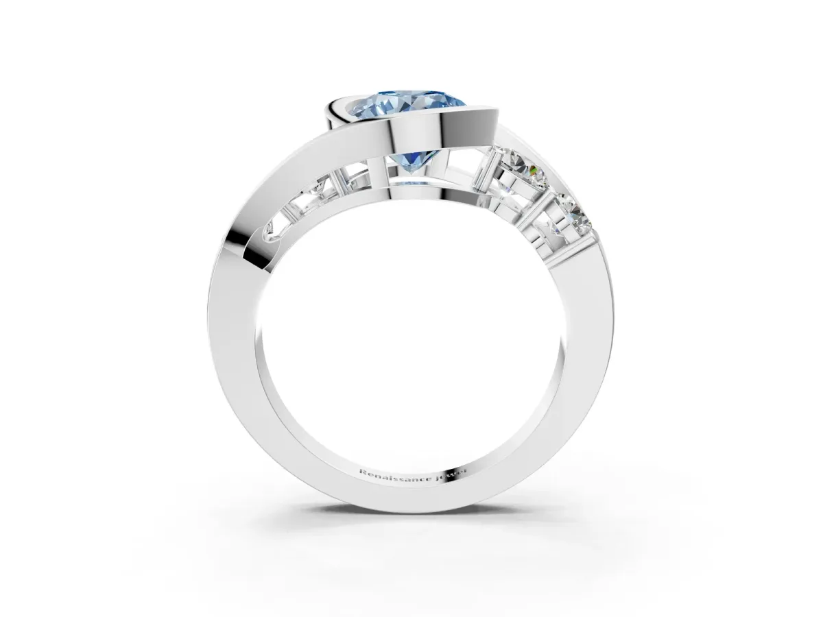 Fancy Blue Bezel Set Round Cut Diamond Bypass Ring with Round Accents Platinum