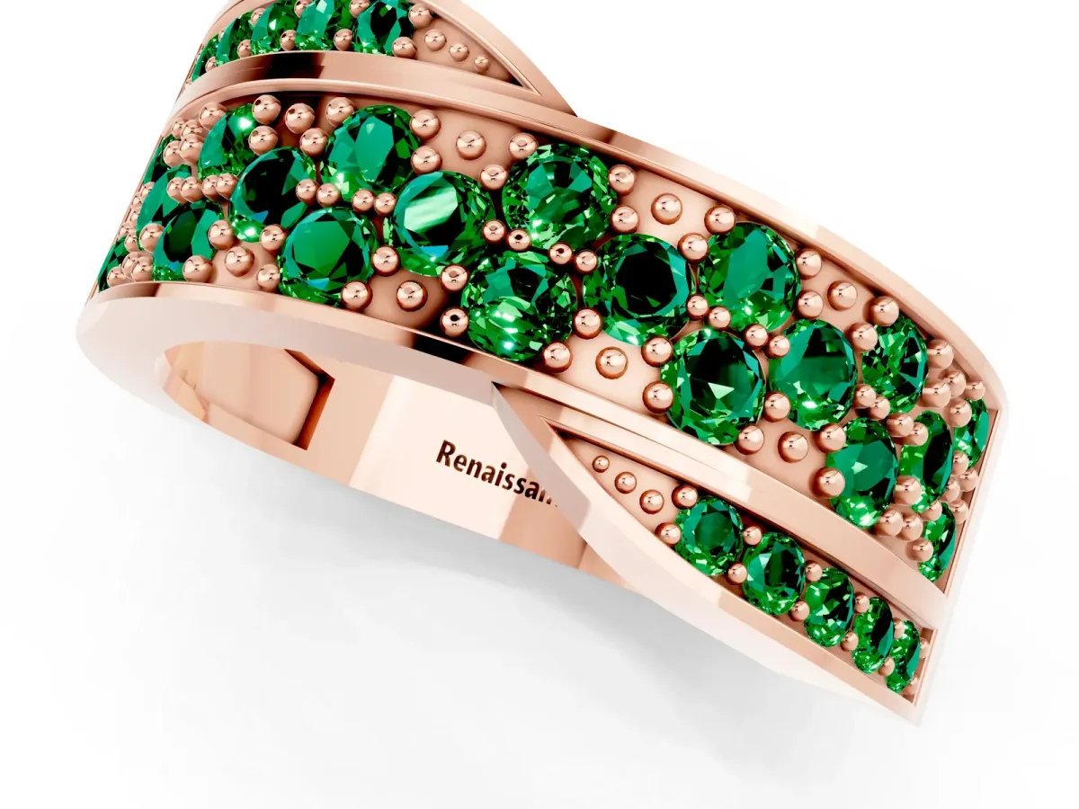 Pavé Round Emerald Crossover Band with Bead Prong Setting Rose gold