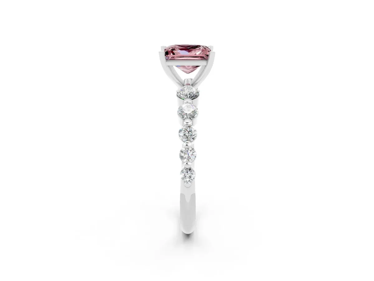 Princess Cut Solitaire Morganite Ring with Pave Band and Four-Prong Setting Silver