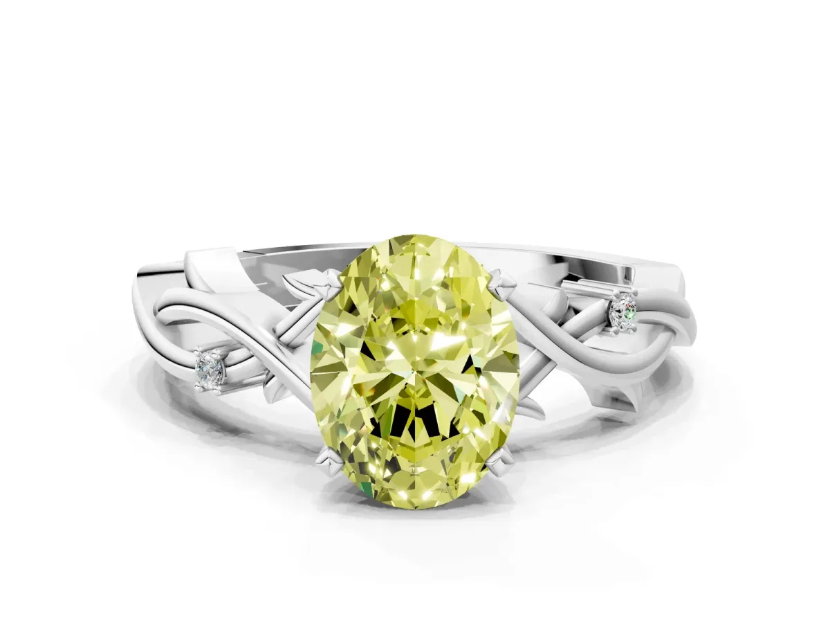 Fancy Yellow Oval Cut Diamond Solitaire Ring with Twisted Band and Prong Setting Platinum