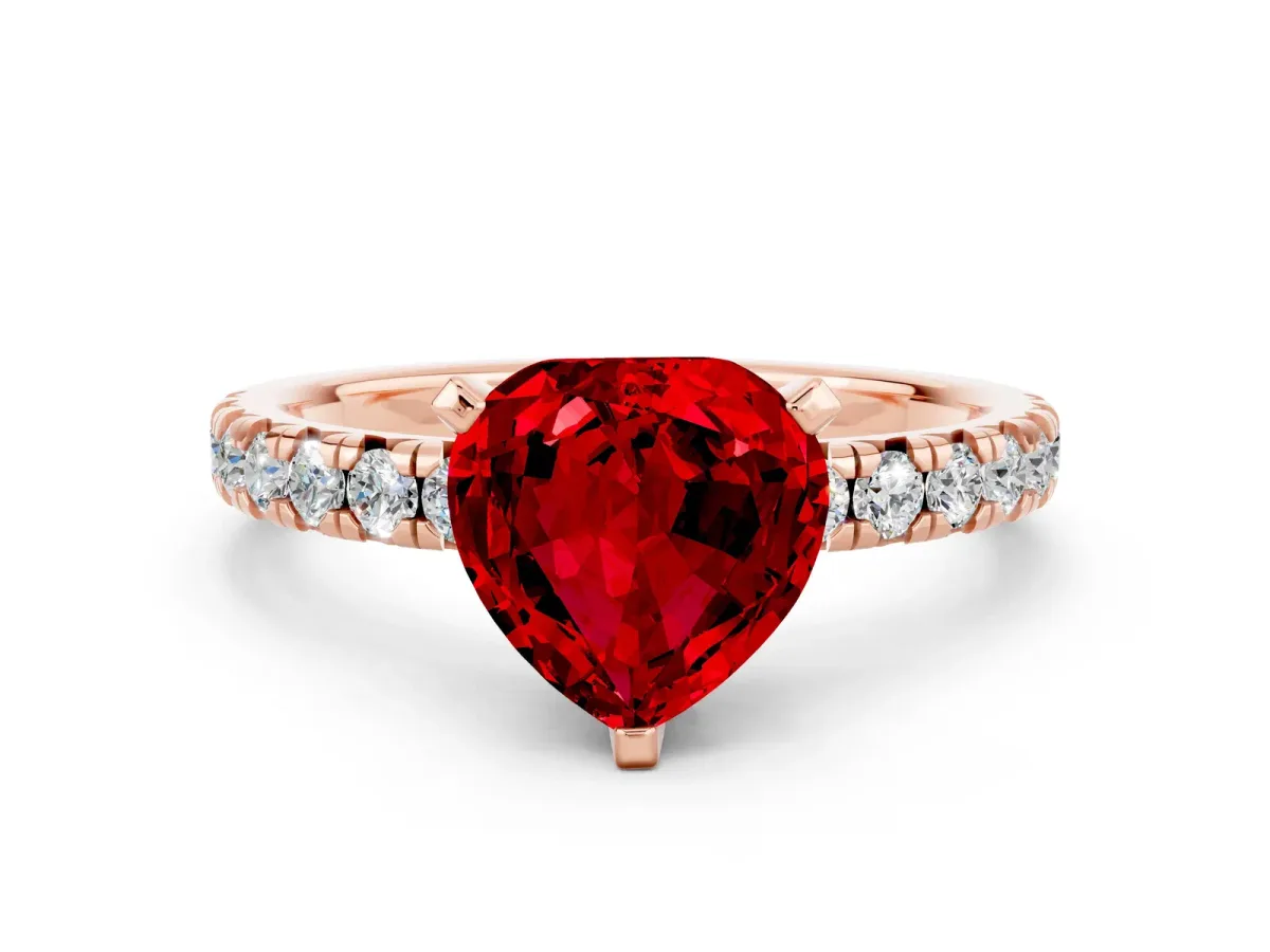 Heart Cut Ruby Solitaire Pavé Engagement Ring with Round Band and Prong Setting Rose gold