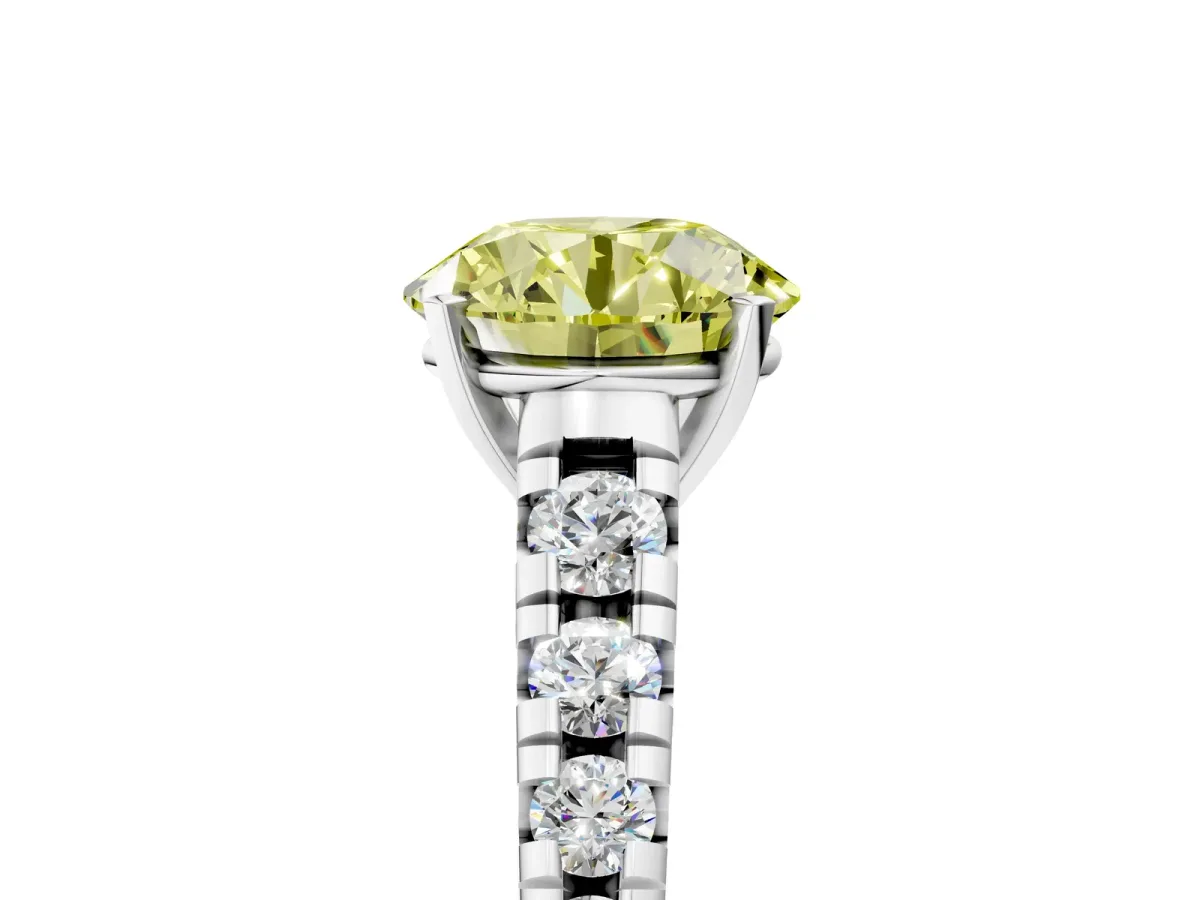 Fancy Yellow Round Cut Diamond Cathedral Solitaire Ring with Round Pavé Band Silver