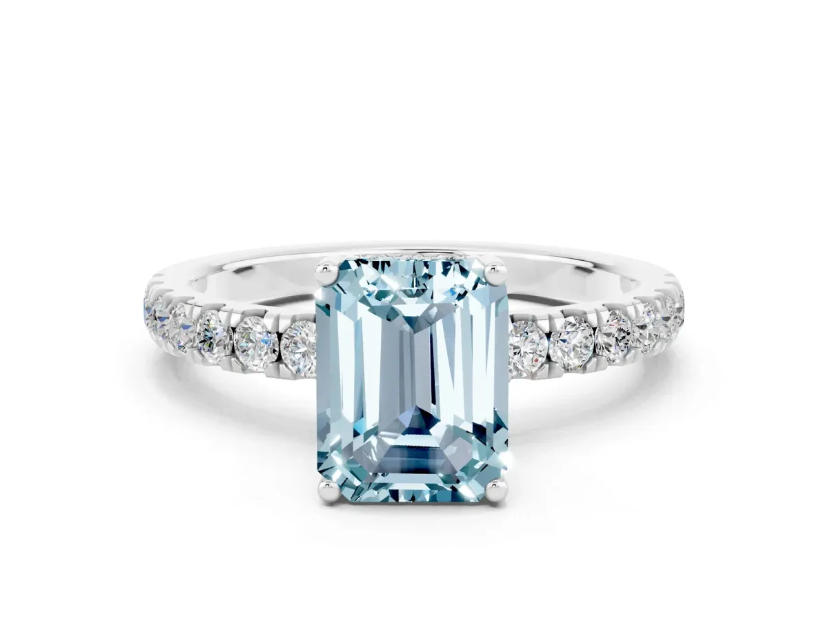 Emerald Cut Aquamarine Pave Band Solitaire Ring with Round and Prong Setting Silver