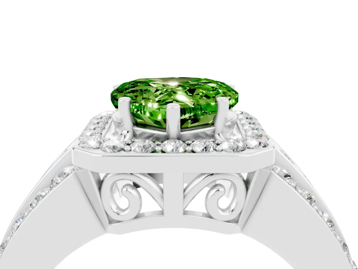 Heart Cut Halo Peridot Ring with Round Split Shank and Prong Setting Platinum