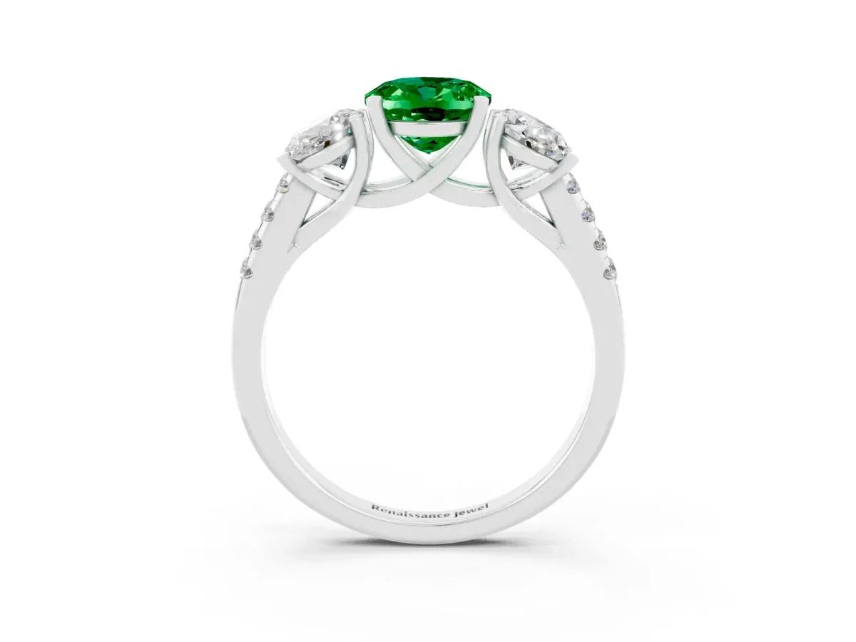 Three-Stone Oval Cut Emerald Ring with Round Pavé Band and Prong Setting Platinum