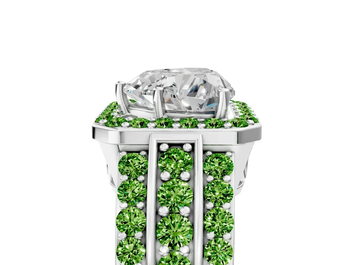 Heart Cut Halo Diamond Ring with Round Peridot Split Shank and Prong Setting Silver