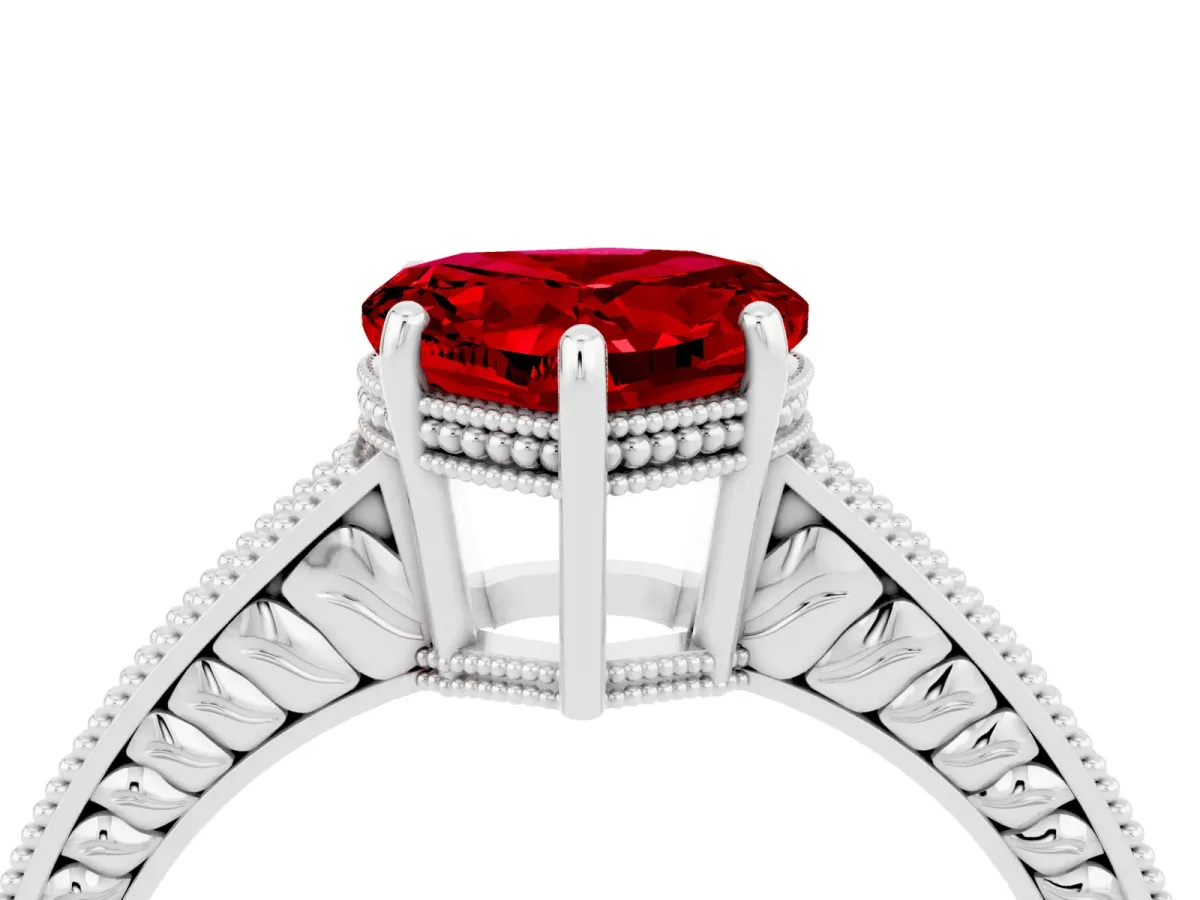 Heart Cut Ruby Ring with Milgrain Pavé Band and Four-Prong Setting Platinum