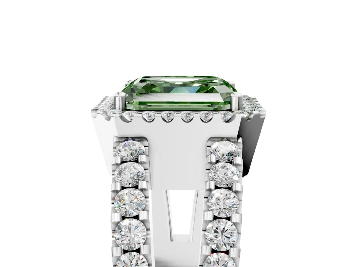 Fancy Green Asscher Cut Cut Halo Split Shank Diamond Ring with Four-Prong Setting Platinum