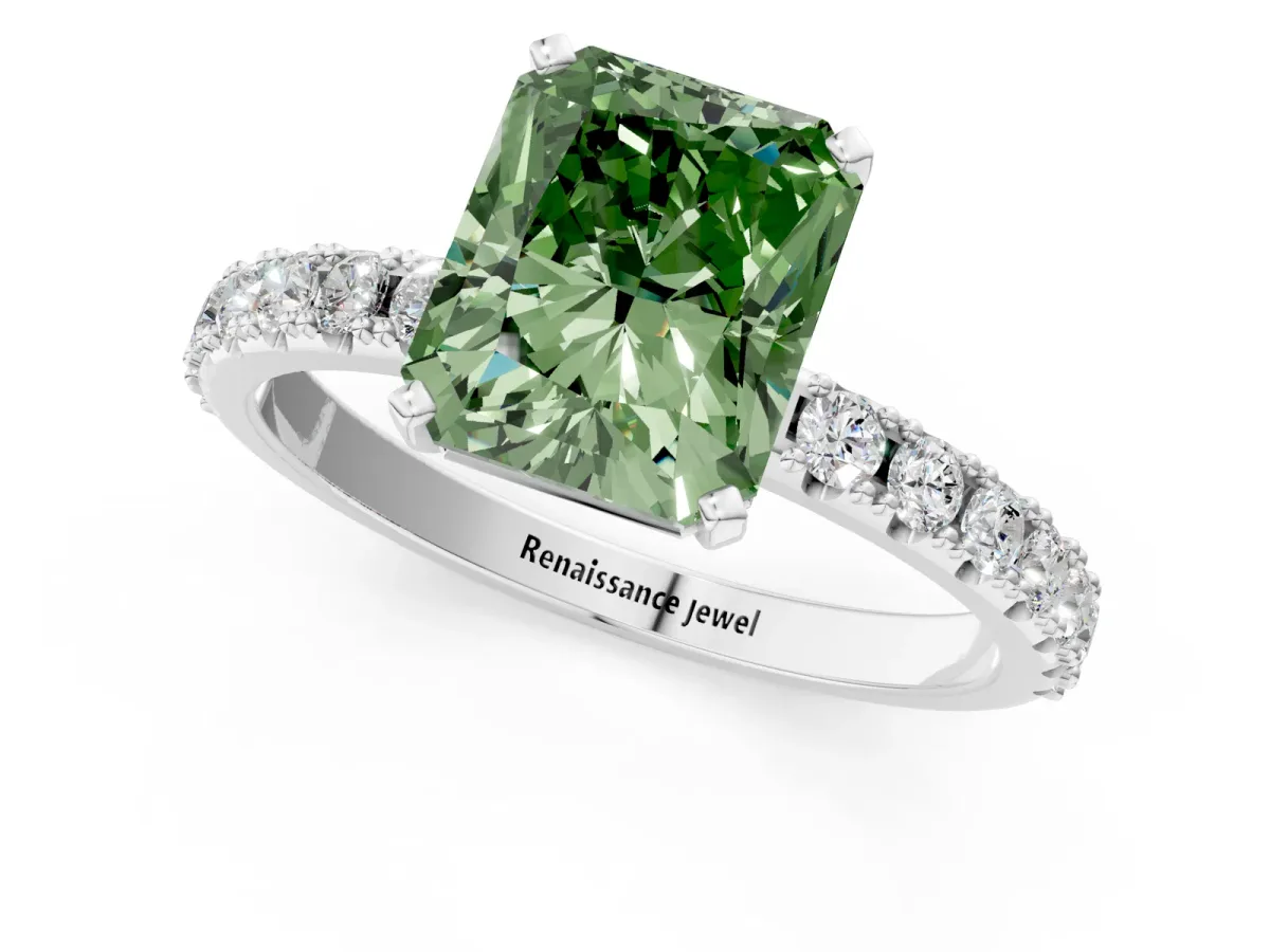Fancy Green Radiant Cut Diamond Solitaire Pavé Band with Four-Prong Setting Silver