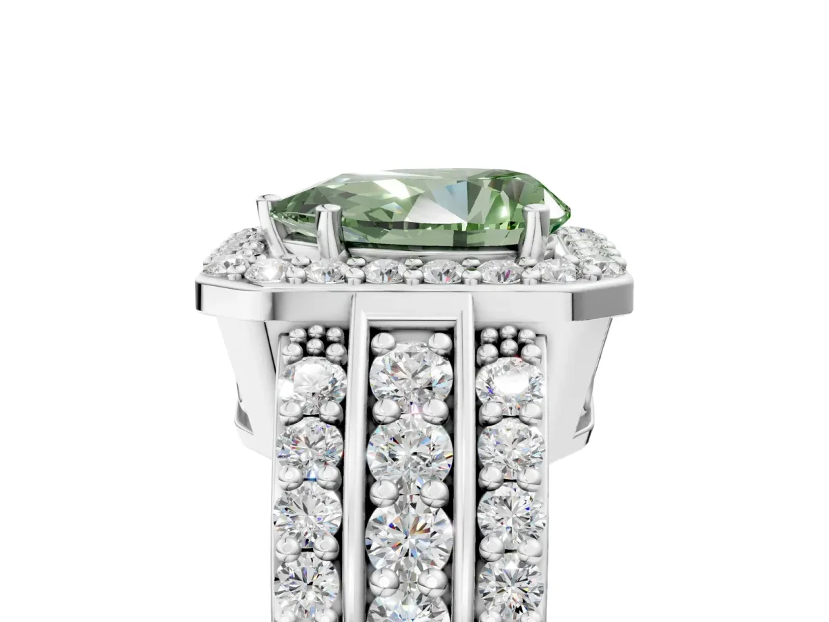 Fancy Green Pear Cut Halo Diamond Ring with Round Split Shank and Prong Setting Silver