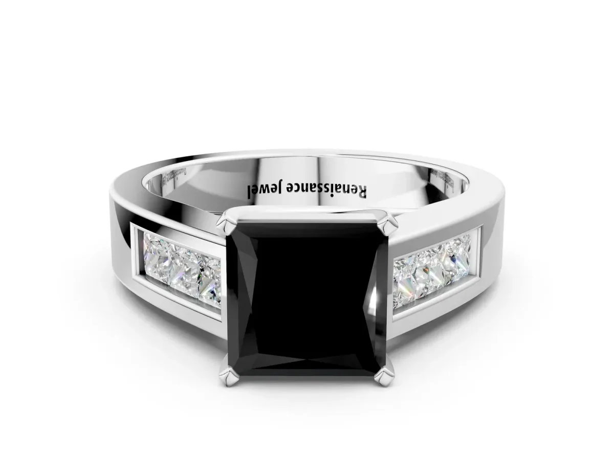 Fancy Black Princess Cut Cut Channel Set Solitaire Ring with Four-Prong Setting Silver