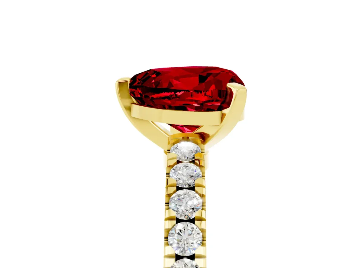 Heart Cut Solitaire Ruby with Pavé Band and Four-Prong Setting Yellow gold