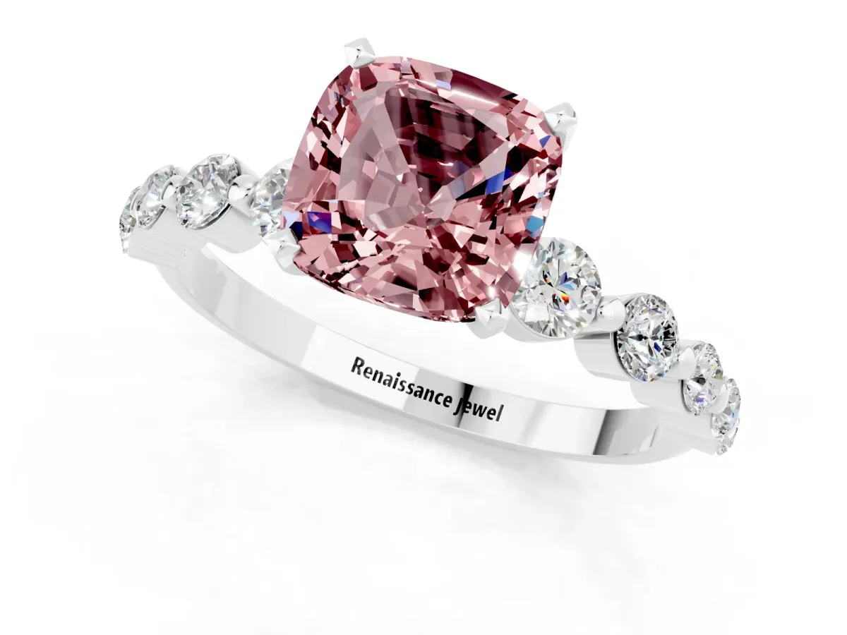 Cushion Cut Solitaire Morganite Ring with Pave Band and Four-Prong Setting Silver