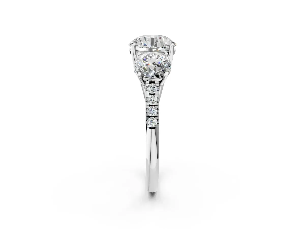Three-Stone Round Cut Diamond Ring with Round Moissanite Pavé Band and Prong Setting Silver