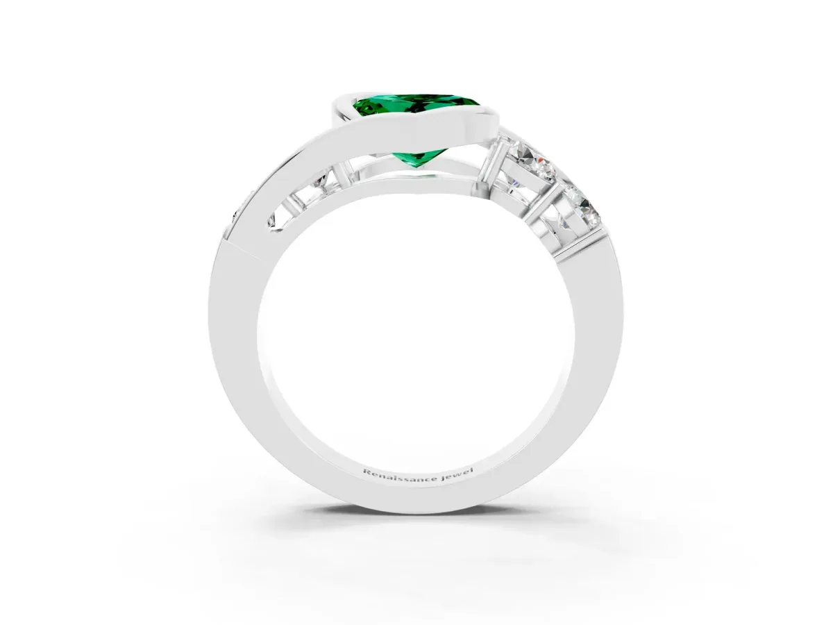 Bezel Set Heart Cut Emerald Bypass Ring with Round Accents Silver