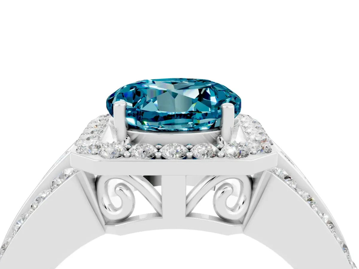 Round Cut Halo Blue Topaz Ring with Round Split Shank and Prong Setting Silver