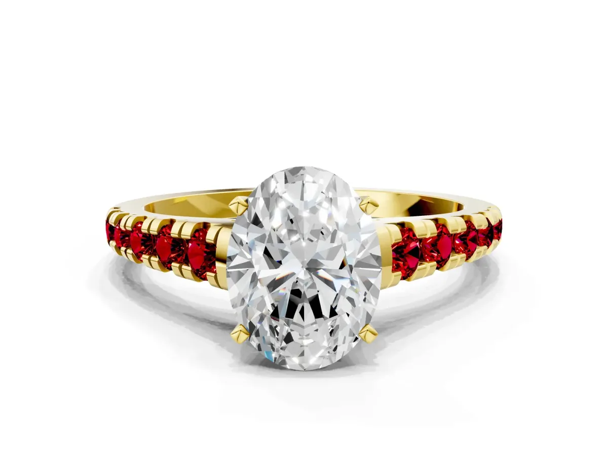Oval Cut Diamond Cathedral Solitaire Ring with Round Ruby Pavé Band Yellow gold