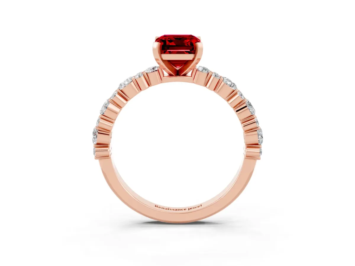 Emerald Cut Ruby Side Stone Solitaire Ring with Round and Four-Prong Setting Rose gold