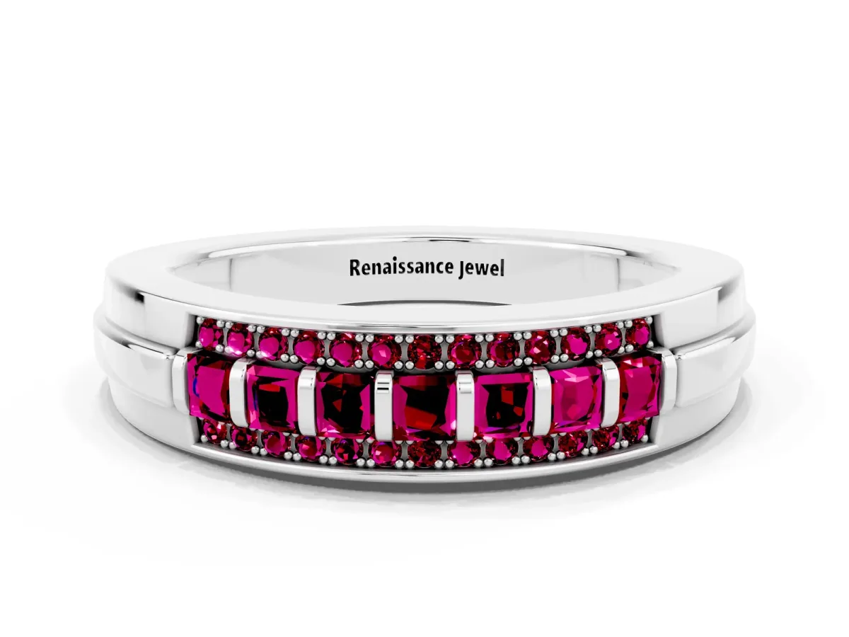 Bar-Set Princess Cut Garnet Pavé Band Silver