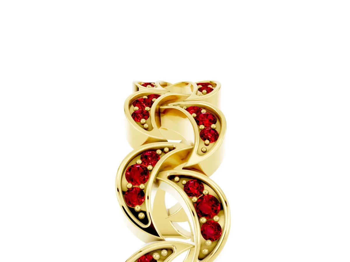 Pavé Round Ruby Interlocking Eternity Band with Bezel Prong Setting Yellow gold