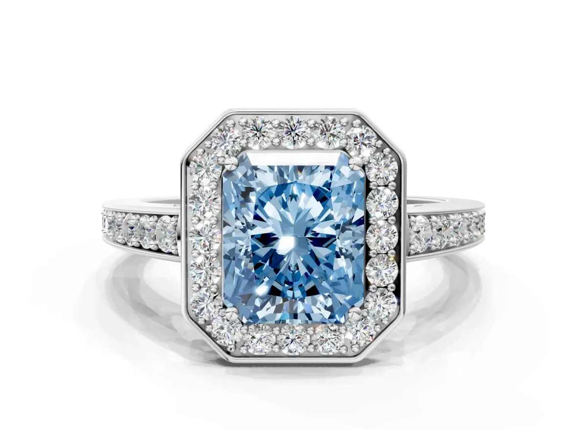 Fancy Blue Radiant Cut Halo Pavé Diamond Engagement Ring with Bezel Setting Silver