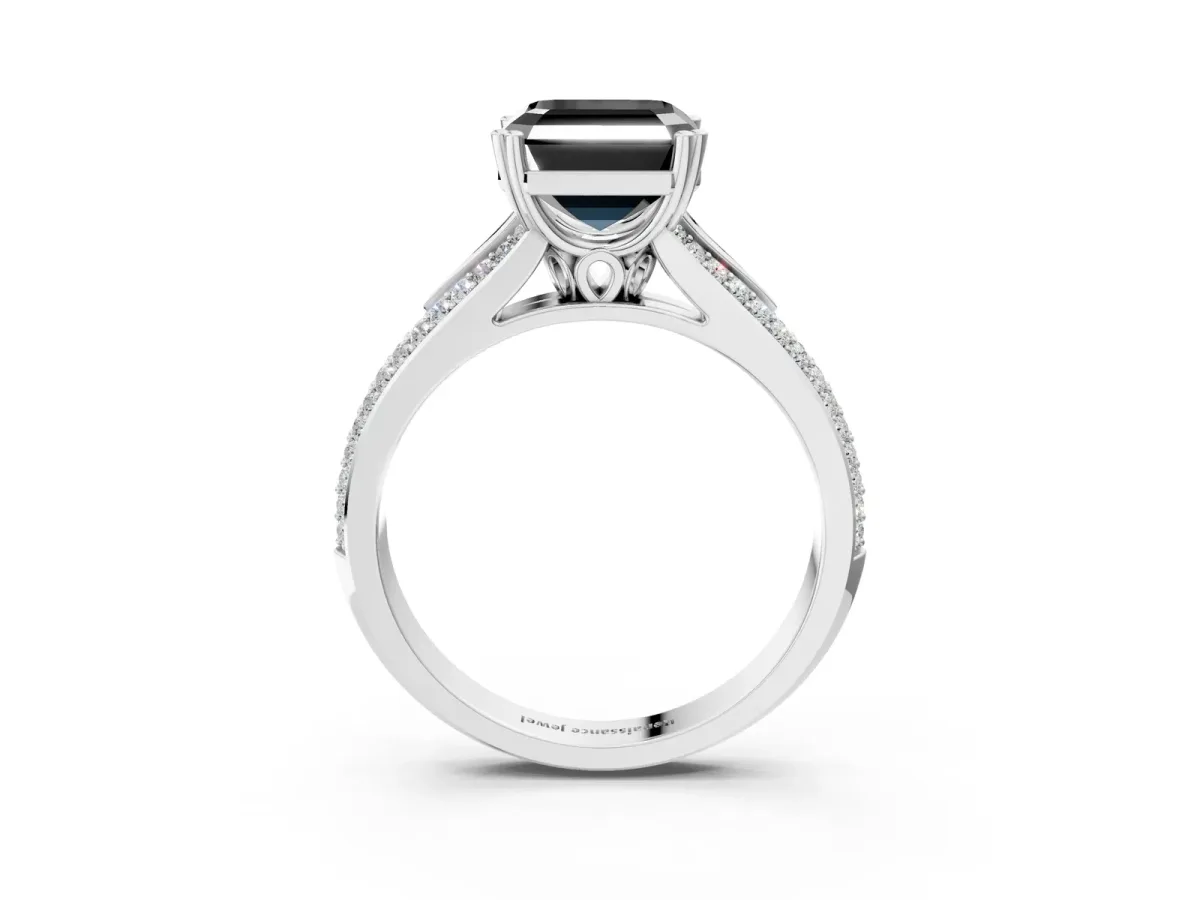 Fancy Black Asscher Cut Diamond Split Shank Engagement Ring with Pavé Band Platinum