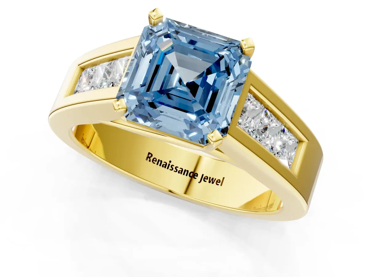 Fancy Blue Asscher Cut Cut Channel Set Solitaire Ring with Four-Prong Setting Yellow gold
