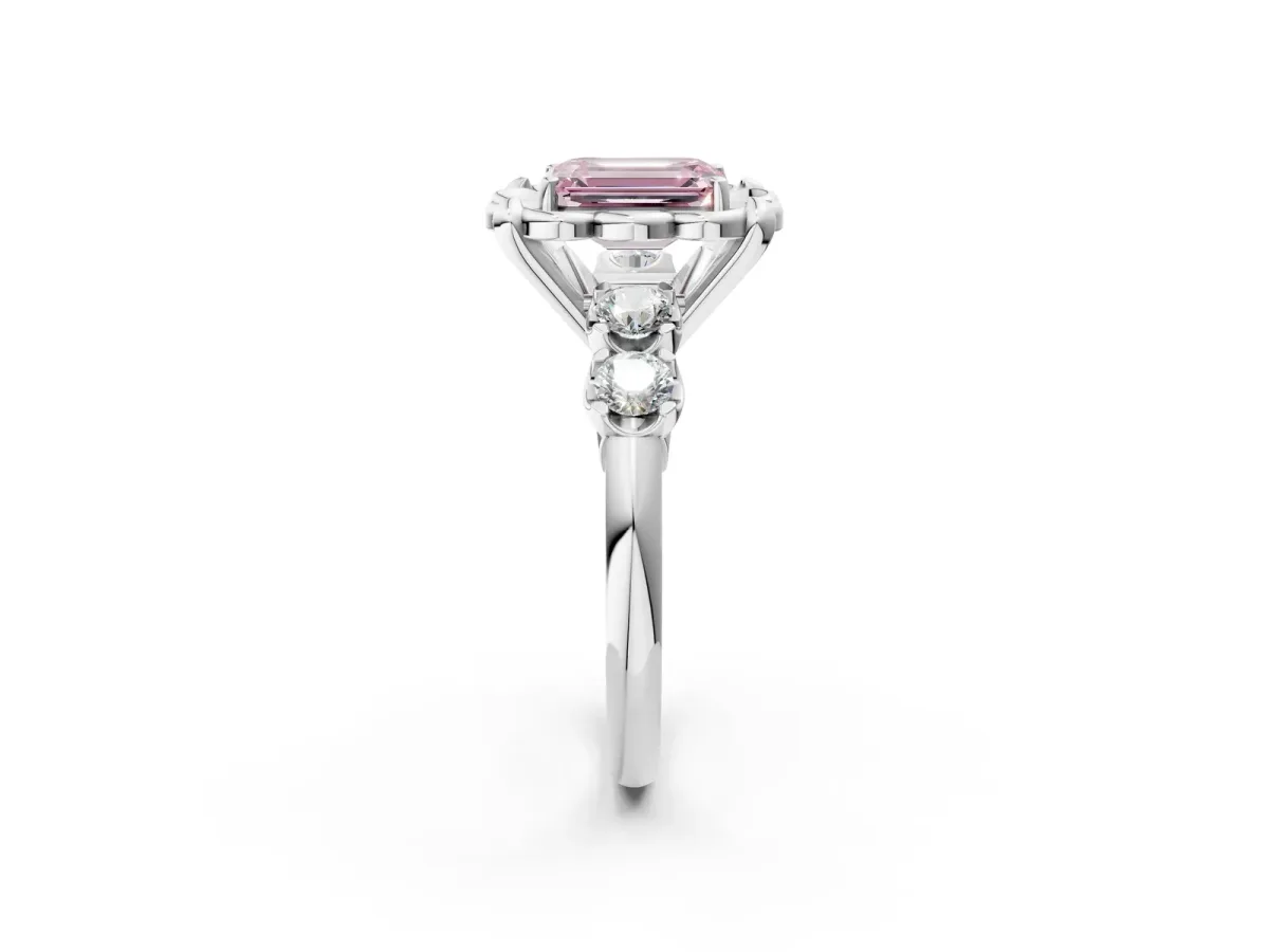 Fancy Pink Emerald Cut Cut Diamond Floral Halo Engagement Ring with Shared Prong Setting Silver