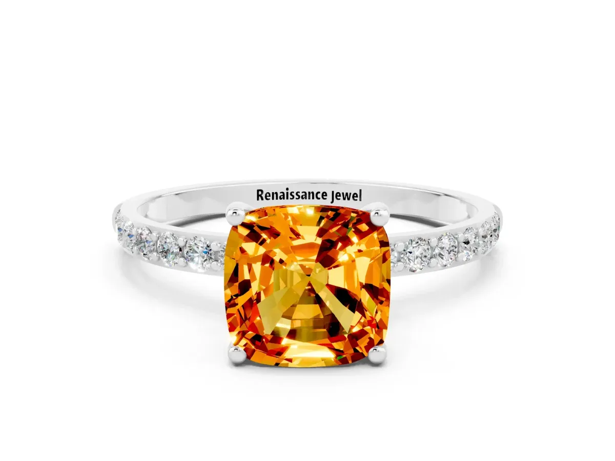 Cushion Cut Citrine Solitaire Ring with Round Pavé Band and Prong Setting Silver