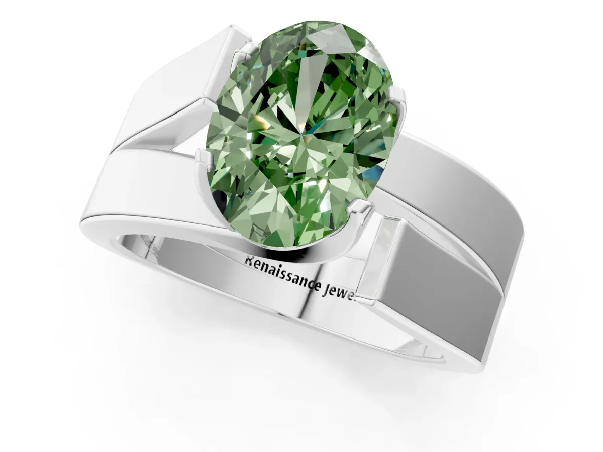 Fancy Green Modern Tension Set Oval Cut Diamond Solitaire Wide Band Ring Silver