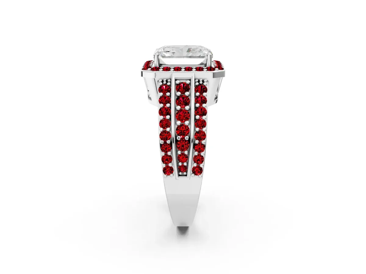 Radiant Cut Halo Diamond Ring with Round Ruby Split Shank and Prong Setting Silver