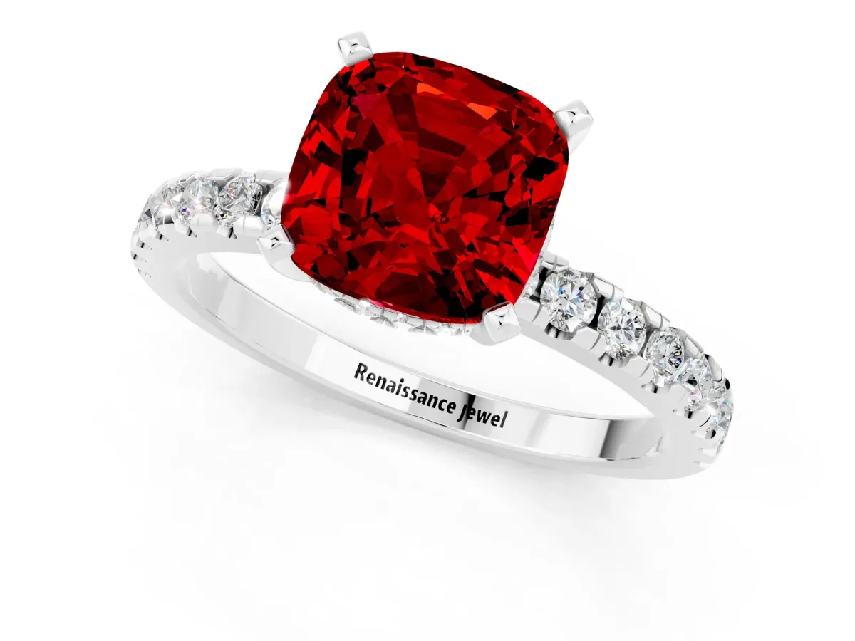 Cushion Cut Ruby Solitaire Ring with Round Pavé Band and Four-Prong Setting White gold