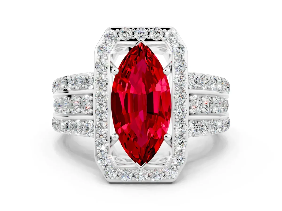 Marquise Cut Halo Ruby Ring with Round Split Shank and Prong Setting White gold