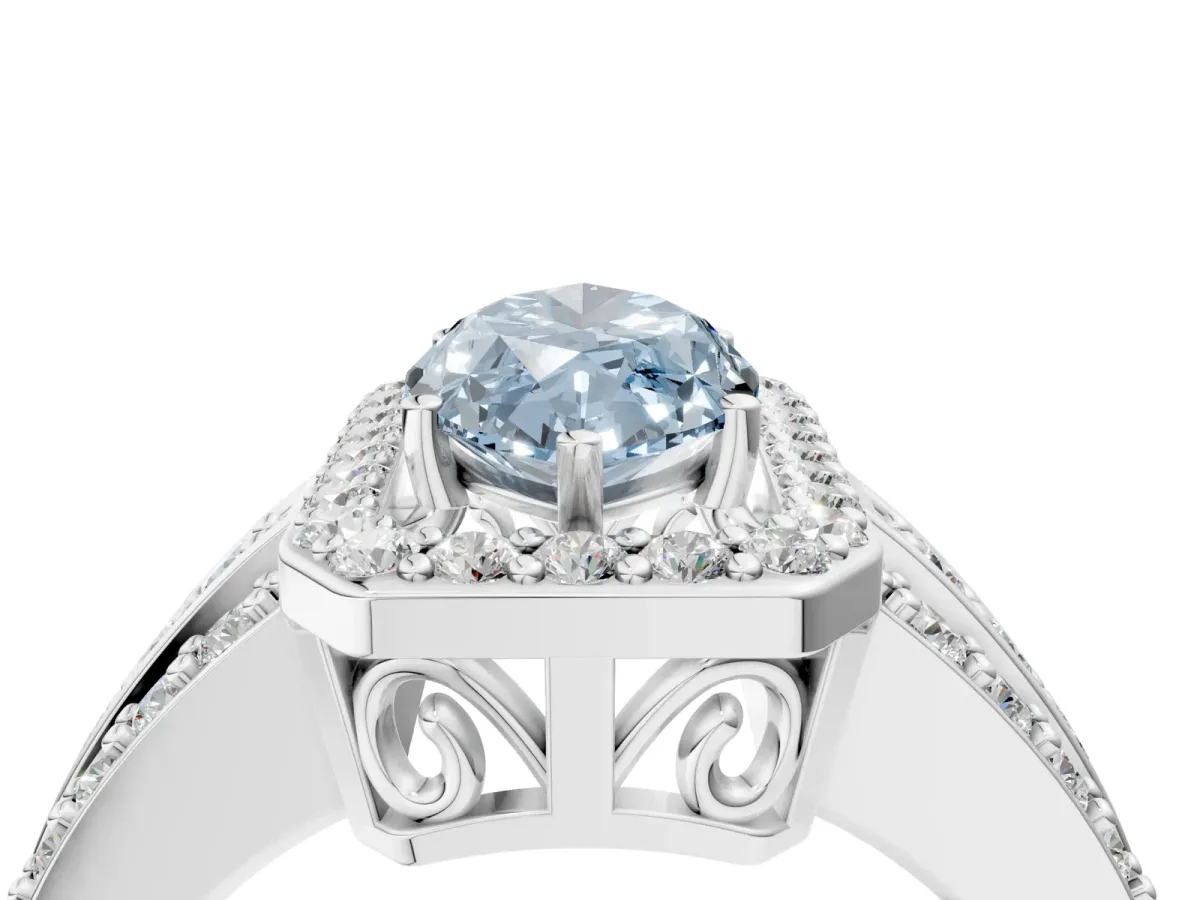 Fancy Blue Marquise Cut Halo Diamond Ring with Round Split Shank and Prong Setting Platinum
